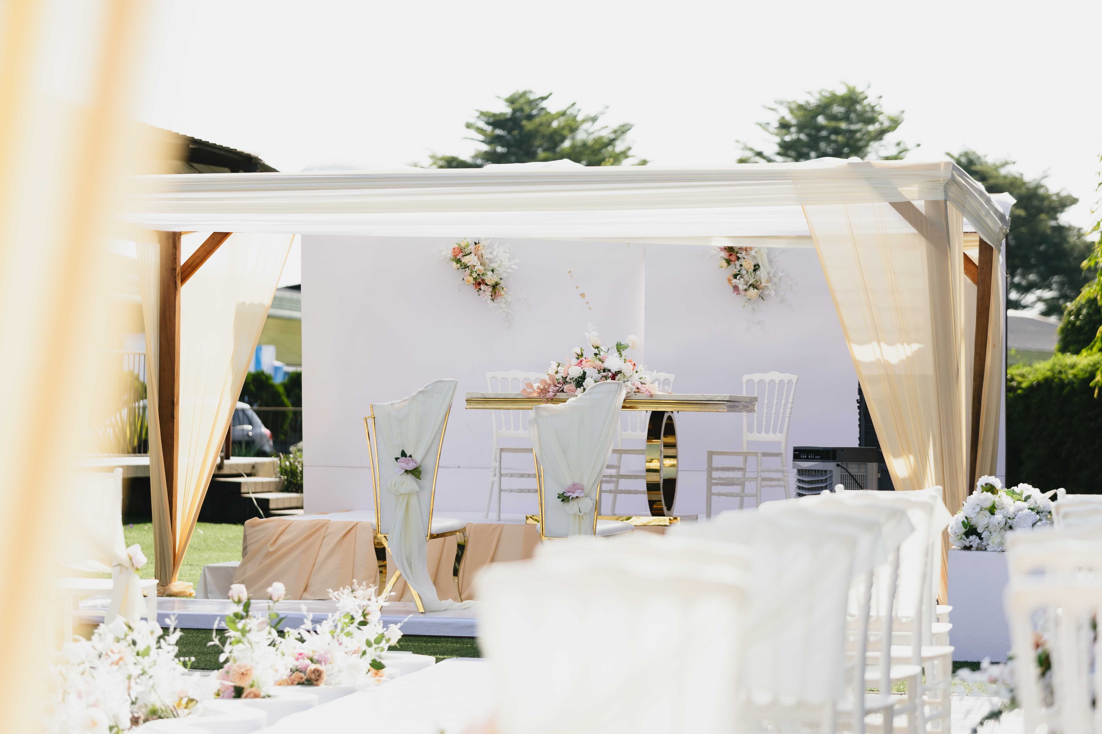 Elegant London wedding venue interior with tables set for a reception